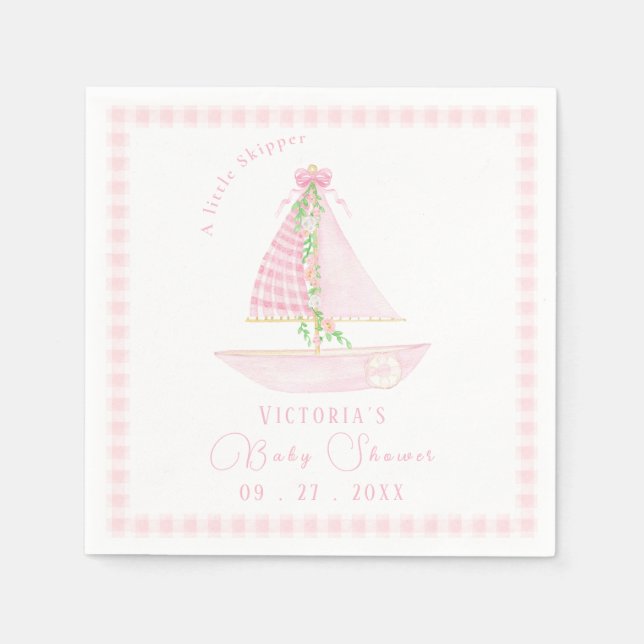 Serviette En Papier Un Petit Skipper Rose Plaid Baby shower Moderne (Devant)