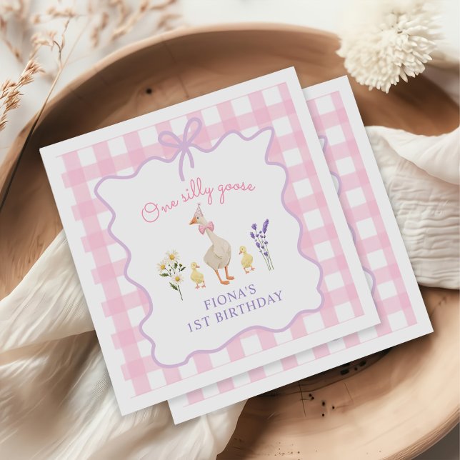 Serviette En Papier Un Silly Goose Rose En vichy 1er anniversaire (Créateur téléchargé)
