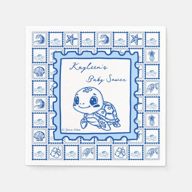Serviette En Papier Under the sea turtle retro post stamp monogrammed (Devant)