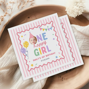 Serviette En Papier Une Fille Heureuse Rose Coloré 1er Anniversaire