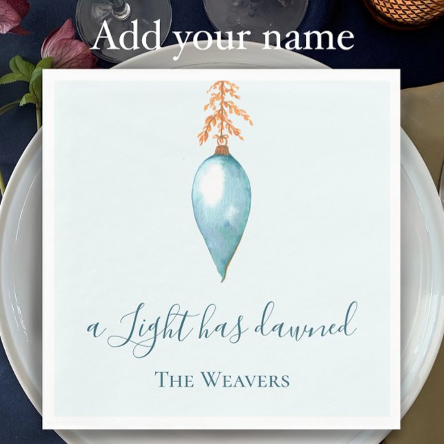 Serviette En Papier Une lumière a été éveillée, aquarelle Noël chrétie (Personalize this template with you name for a unique blue watercolor Christmas dinner napkin)