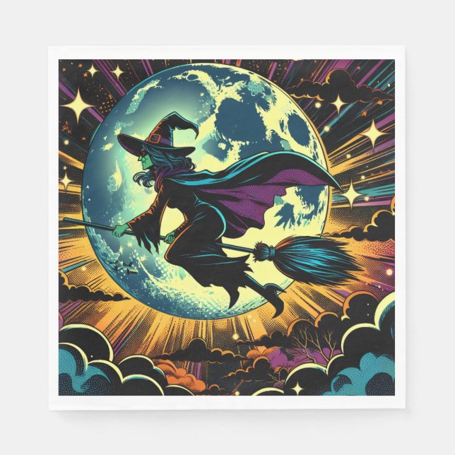 Serviette En Papier Une sorcière et une fête d'Halloween Pleine lune (Devant)