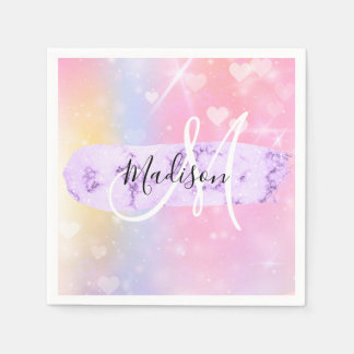 Serviette En Papier Unicorne colorée fille Coeurs arc-en-ciel Monogram