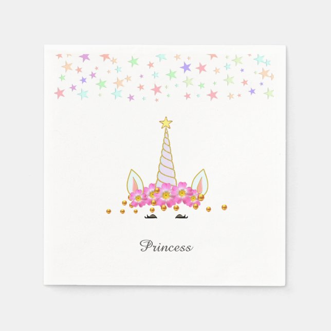 Serviette En Papier Unicorne, Fleurs, Etoiles & Gold Confetti Annivers (Devant)