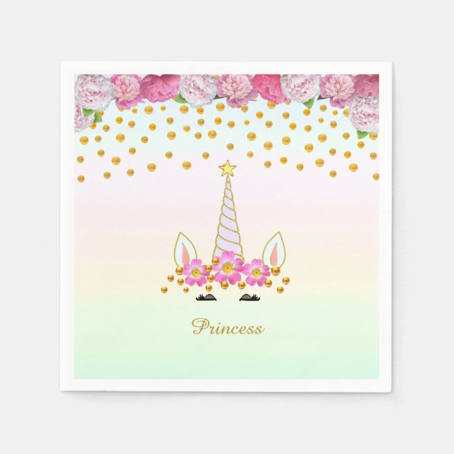 Serviette En Papier Unicorne, Fleurs Roses & Confetti Or (Devant)