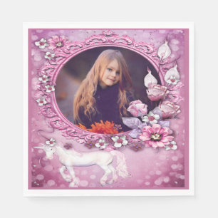 Serviette En Papier Unicorne rose florale Photo Anniversaire