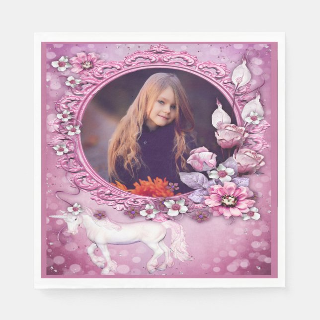Serviette En Papier Unicorne rose florale Photo Anniversaire (Devant)