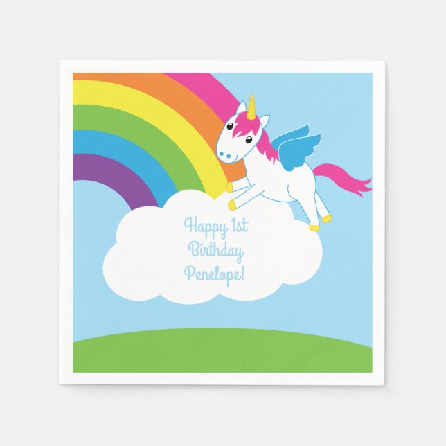 Serviette En Papier Unicorns & Rainbows Mignonne 1er anniversaire Thèm (Devant)