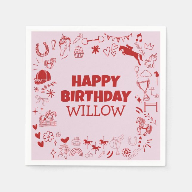 Serviette En Papier Unique Cheval Rose fille équestre Pony Anniversair (Devant)