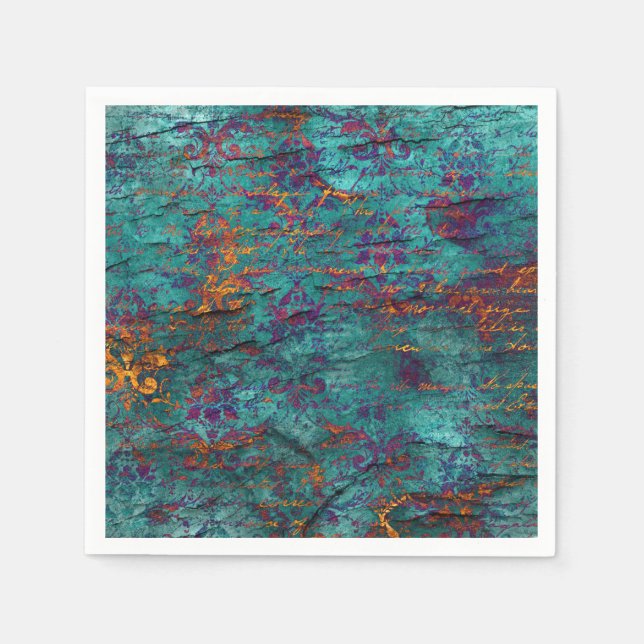 Serviette En Papier Unique paon turquoise, magenta, texture bleu viole (Devant)