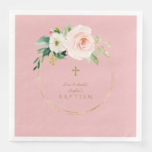Serviette En Papier Unique Pink Blush Floral Gold Cross Baptism (Devant)