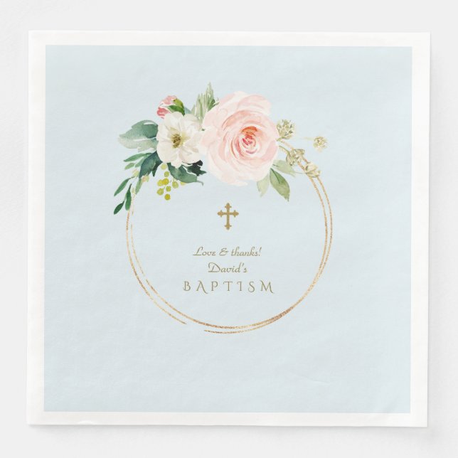 Serviette En Papier Unique Rose Blush Floral Gold Cross Boy Baptism (Devant)