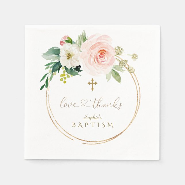 Serviette En Papier Unique rose Floral Croix Or Calligraphie Baptême (Devant)