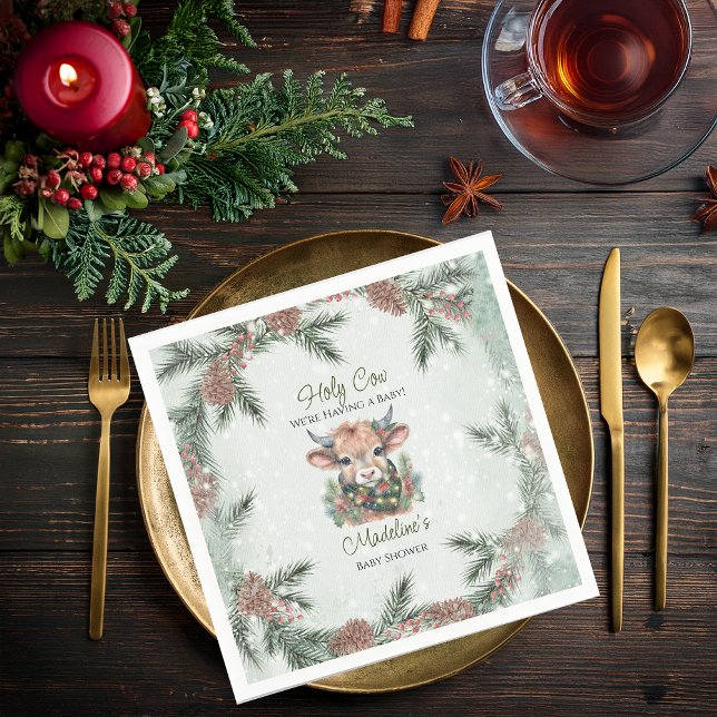 Serviette En Papier Vacances d'hiver Highland Holy Cow Baby shower (Winter Holiday Highland "Holy Cow" Evergreen Baby Shower Paper Napkins)