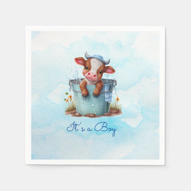 Serviette En Papier Vache bébé mignonne dans le Baby shower bleu seau  (Devant)