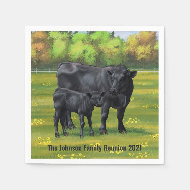 Serviette En Papier Vache d'Angus noir et veau mou en pâturage d'été (Devant)