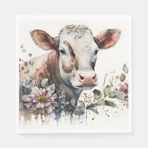 Serviette En Papier Vache d'aquarelle en Fleur sauvage