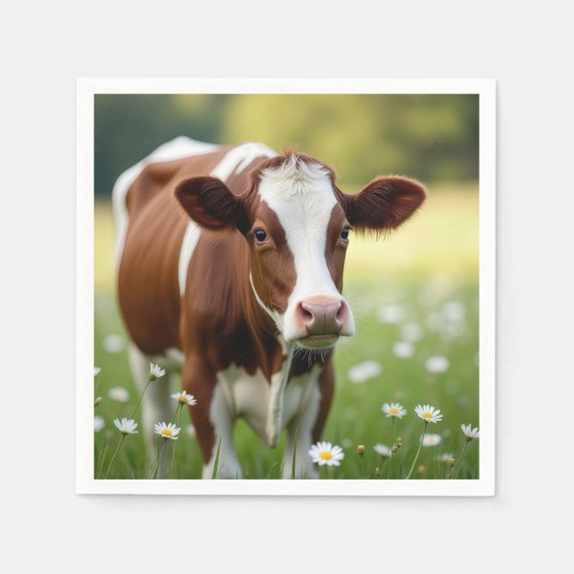 Serviette En Papier Vache de Guernesey en champ Fleur sauvage (Devant)