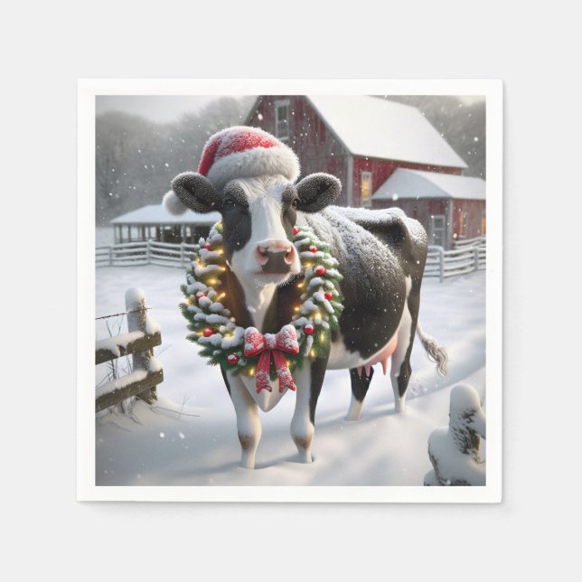 Serviette En Papier Vache De Noël À Barnyard (Devant)