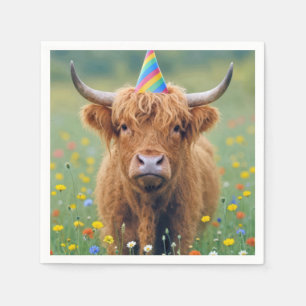 Serviette En Papier Vache des Highlands d'anniversaire avec chapeau de