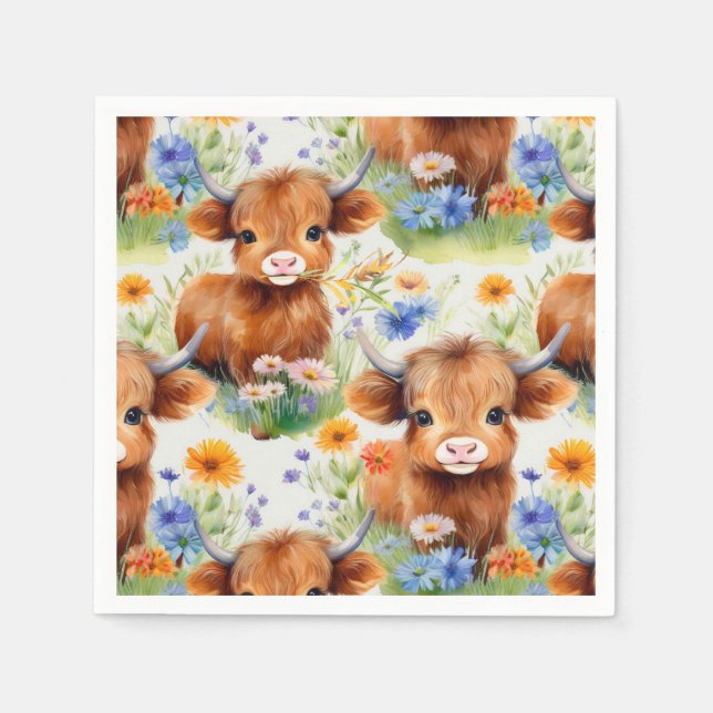 Serviette En Papier Vache des Highlands en fleurs sauvages (Devant)