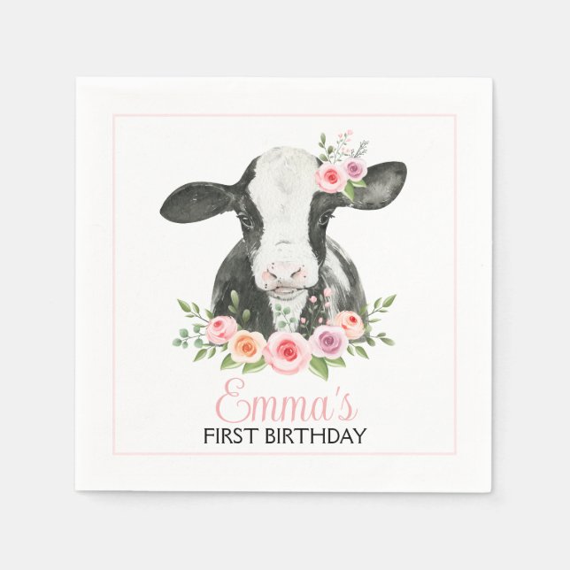 Serviette En Papier Vache florale rose Imprimer Papier de fête d'anniv (Devant)