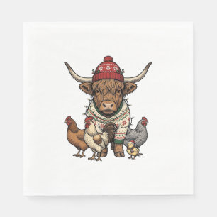 Serviette En Papier Vache Highland et poulets de Noël Gravure vintage