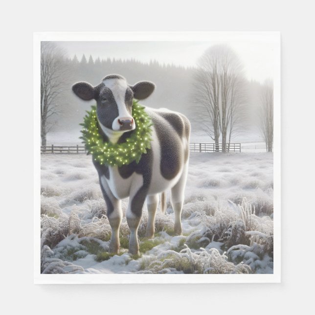 Serviette En Papier Vache Holstein de Noël portant une couronne (Devant)