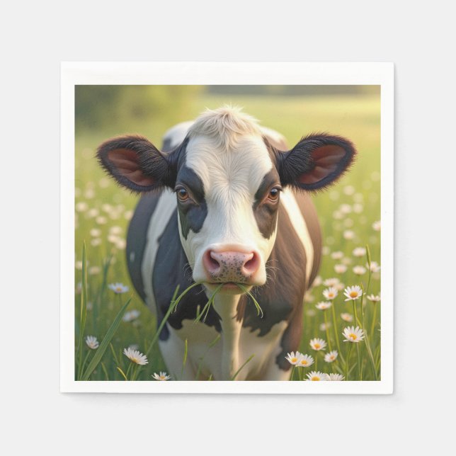 Serviette En Papier Vache Holstein En Pâturage Vert Avec Marguerites (Devant)