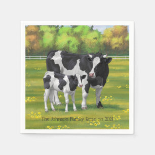 Serviette En Papier Vache Holstein et veau mignon en pâturage d'été
