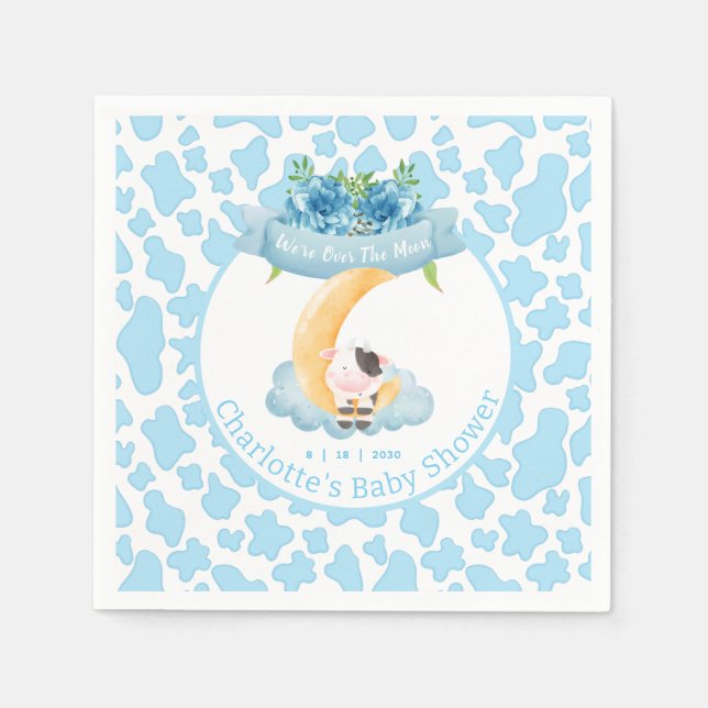 Serviette En Papier Vache mignonne au-dessus du Baby shower bleu lune (Devant)