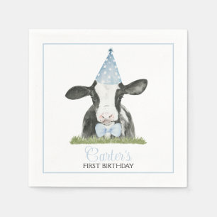 Serviette En Papier Vache mignonne avec Blue Party casquette & Bow Cra