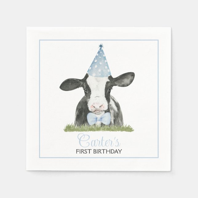Serviette En Papier Vache mignonne avec Blue Party casquette & Bow Cra (Devant)