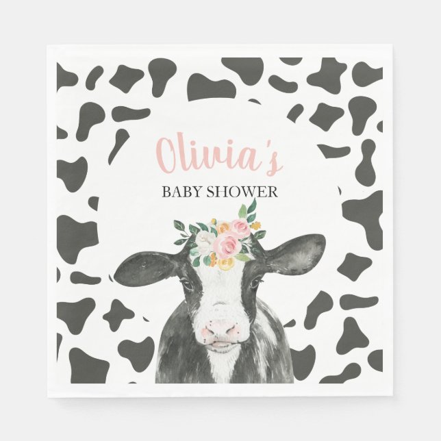 Serviette En Papier Vache rose Floral et En vichy Baby shower (Devant)