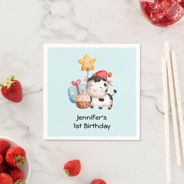 Serviette En Papier Vache souriante mignonne adorable Anniversaire (En situation)