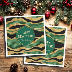 Serviette En Papier Vagues de Parties scintillant noire en or vert