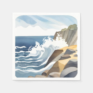Serviette En Papier Vagues déferlantes Rivage côtier rocheux Aquarel