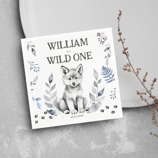 Serviette En Papier Vaisselle de fête d'anniversaire à thème Wild One  (Wild one wolf themed birthday party tableware personalized napkins woodlands cute wolf cub party)