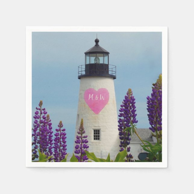 Serviette En Papier Valentine Pink Watercolor Heart Initial Lighthouse (Devant)