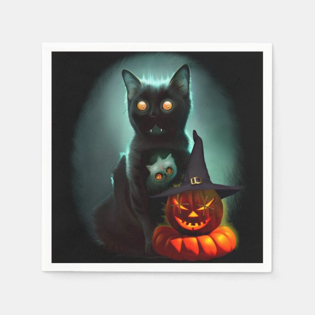 Serviette En Papier Vampire Chat et Assistant Citrouille Halloween Sur (Devant)