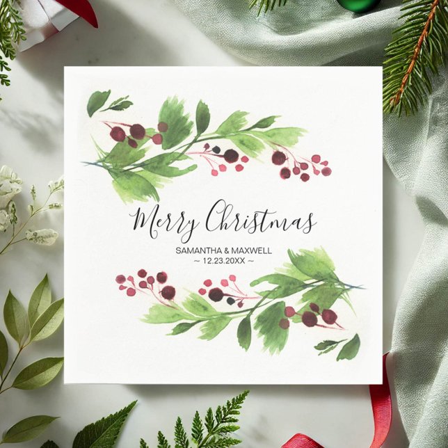 Serviette En Papier Végétation de Noël Baies rouges Papier Napkin (Christmas napkins watercolor botanicals and red berries art by Victoria Grigaliunas VG Invites)