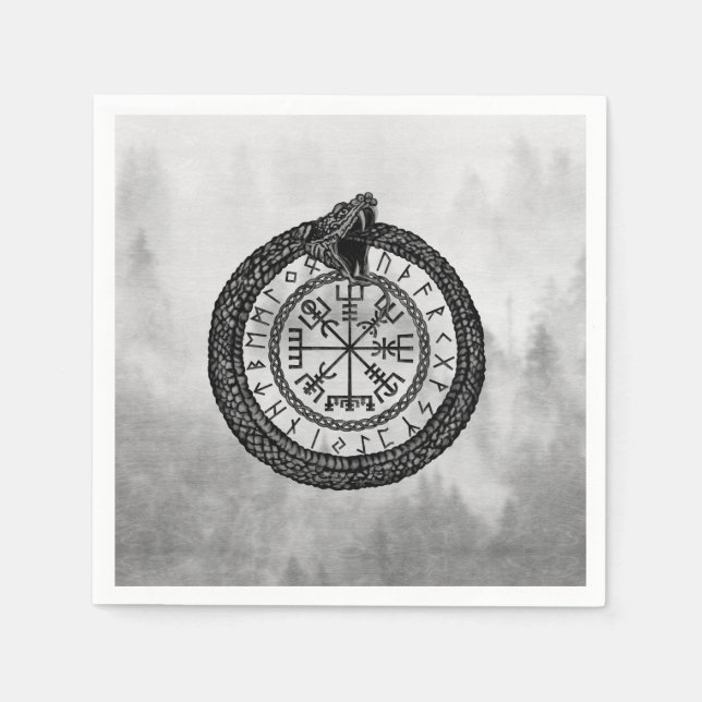 Serviette En Papier Vegvisir avec Ouroboros et runes - niveaux de gris (Devant)