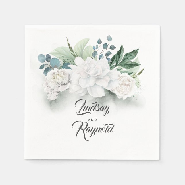 Serviette En Papier Verdure et fleurs blanches Mariage romantique (Devant)