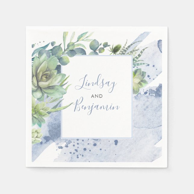 Serviette En Papier Verdure et succulents Bleu poussiéreux Élégant (Devant)