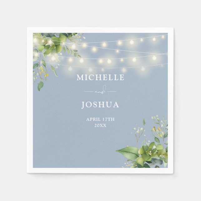Serviette En Papier Verdure Floral String Lumières Dusty Blue Mariage (Devant)