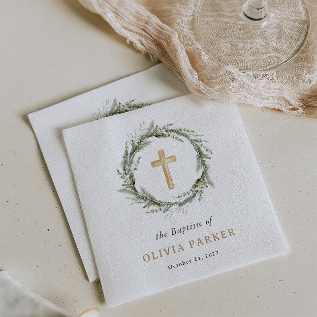 Serviette En Papier Verdure hivernale rustique | Couronne et baptême c (Créateur téléchargé)