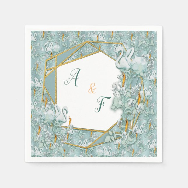 Serviette En Papier Verres de soie verte Sage & fleurs de flamants (Devant)