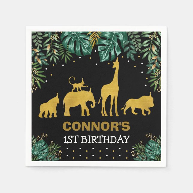 Serviette En Papier Vert Black Gold Jungle Animaux Tropical Anniversai (Devant)