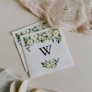 Serviette En Papier Vert Blanc Automne Floral Monogramme Mariage