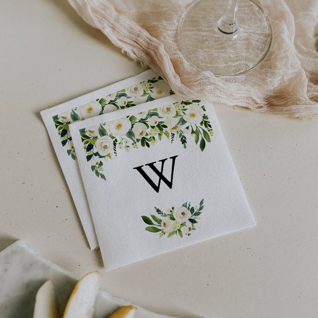 Serviette En Papier Vert Blanc Automne Floral Monogramme Mariage (Créateur téléchargé)